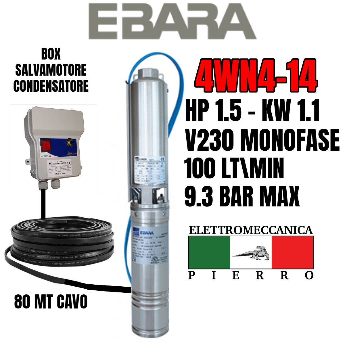 POMPA SOMMERSA EBARA 4WN4-14 HP1.5 100LT/MIN 9.3BAR MAX 4GS11 LOWARA COMPATIBILE - Foto 22 di 76