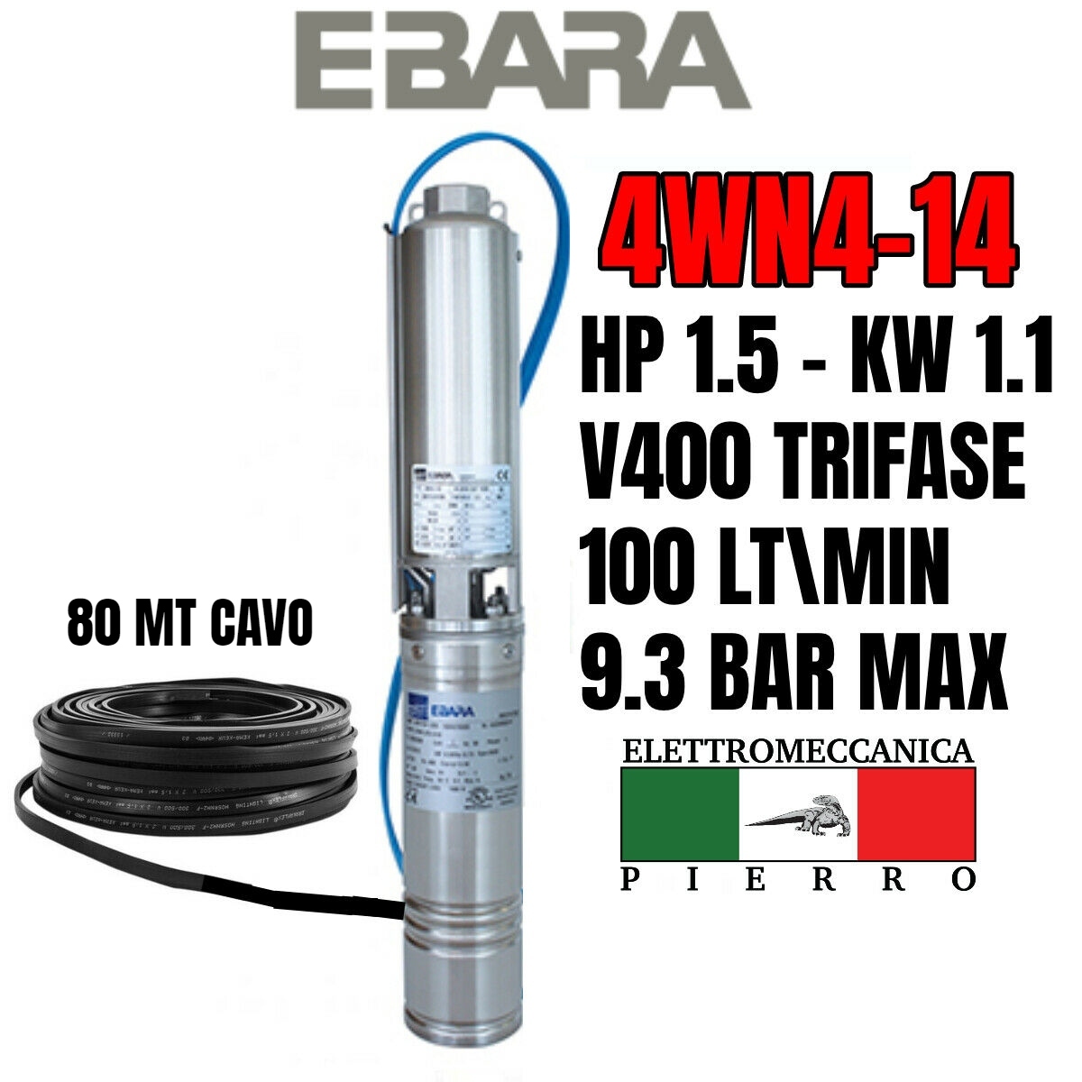 POMPA SOMMERSA EBARA 4WN4-14 HP1.5 100LT/MIN 9.3BAR MAX 4GS11 LOWARA COMPATIBILE - Foto 68 di 76