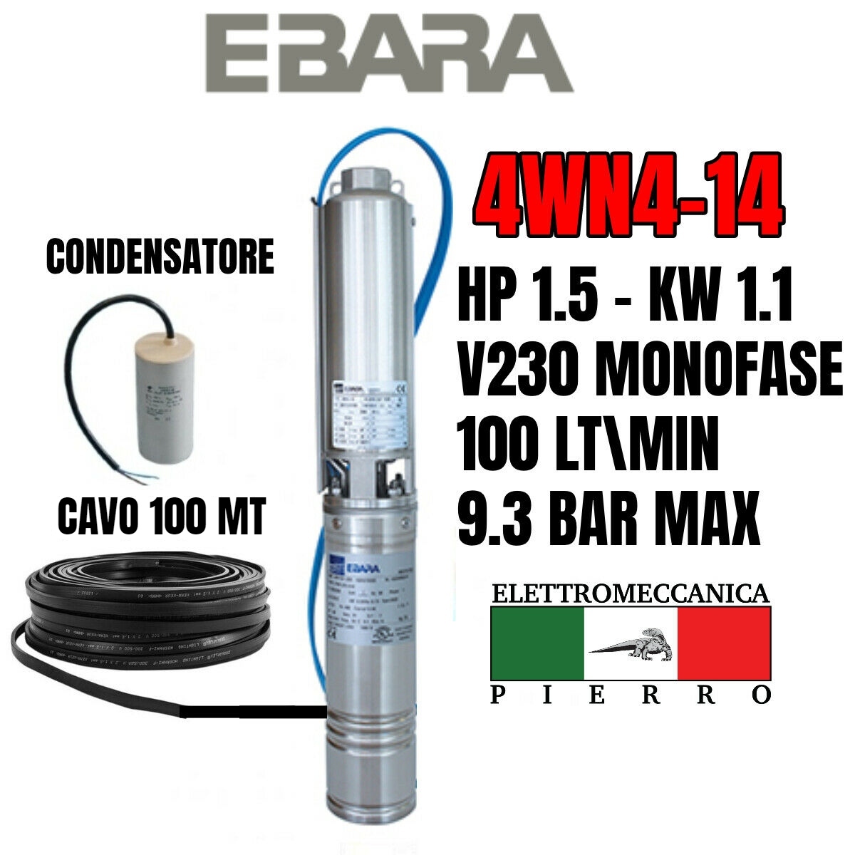 POMPA SOMMERSA EBARA 4WN4-14 HP1.5 100LT/MIN 9.3BAR MAX 4GS11 LOWARA COMPATIBILE - Foto 76 di 76