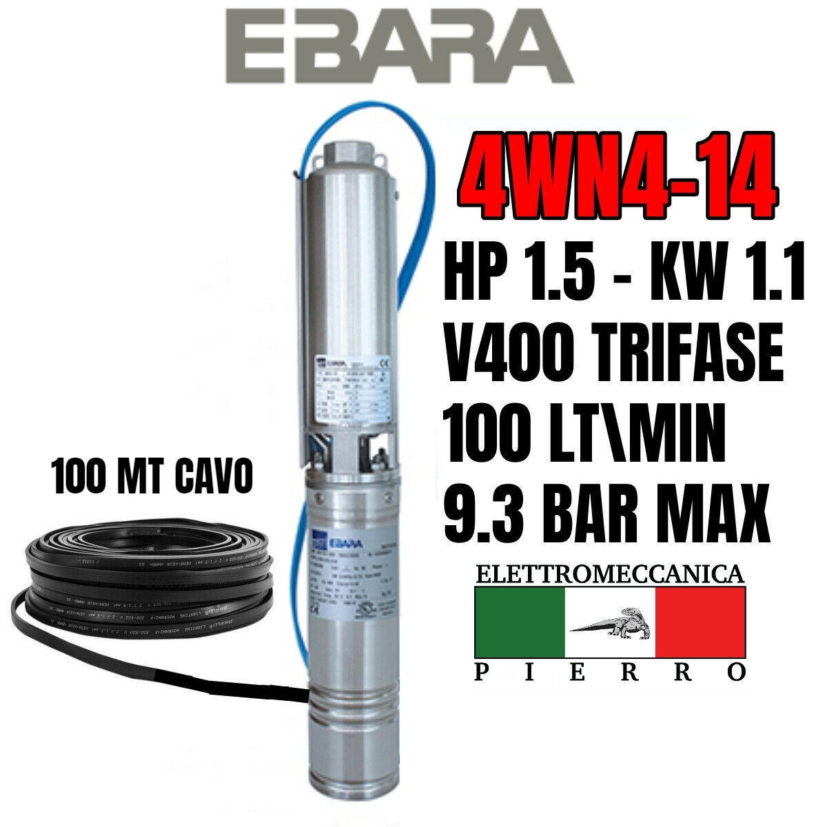 POMPA SOMMERSA EBARA 4WN4-14 HP1.5 100LT/MIN 9.3BAR MAX 4GS11 LOWARA COMPATIBILE - Foto 72 di 76