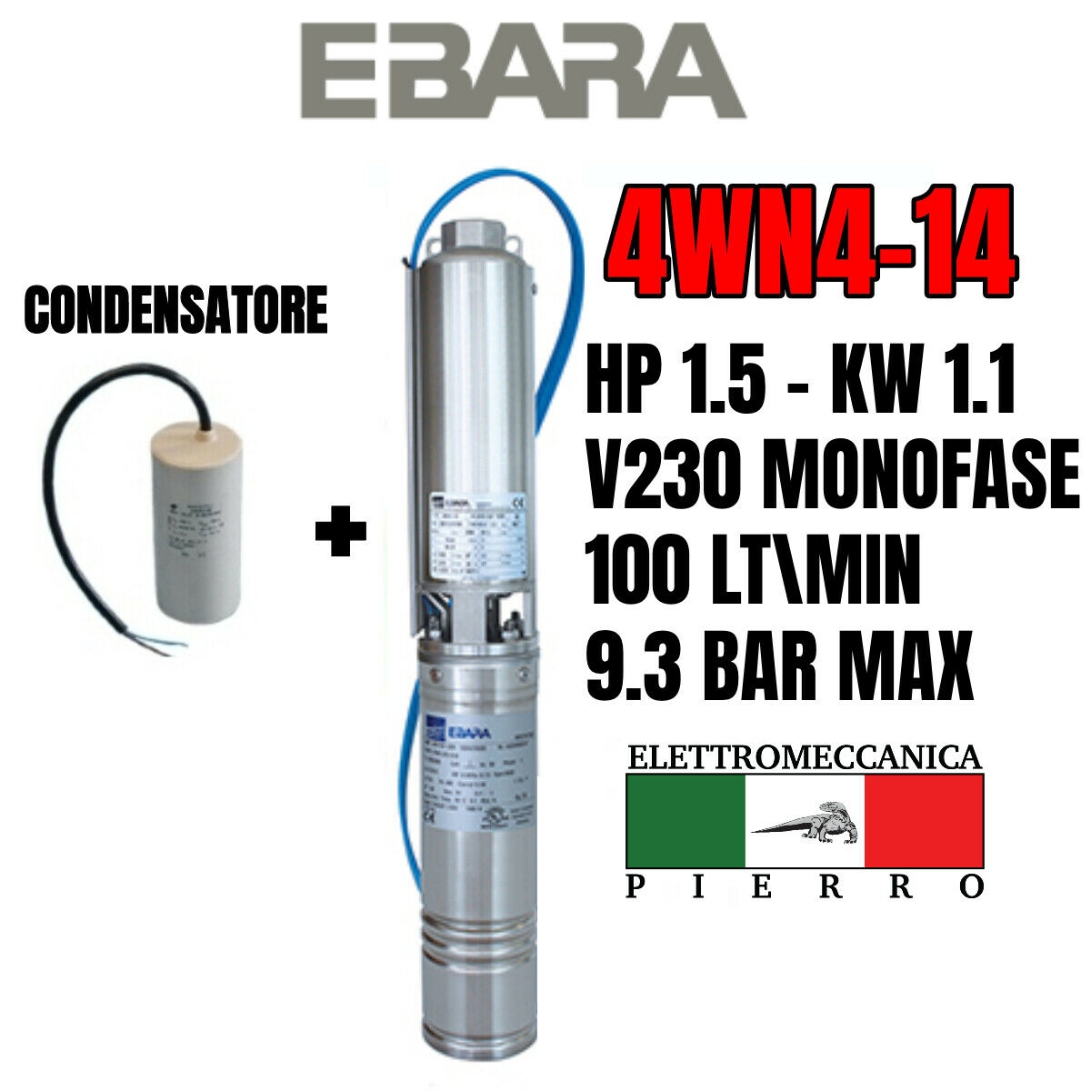 POMPA SOMMERSA EBARA 4WN4-14 HP1.5 100LT/MIN 9.3BAR MAX 4GS11 LOWARA COMPATIBILE - Foto 4 di 76