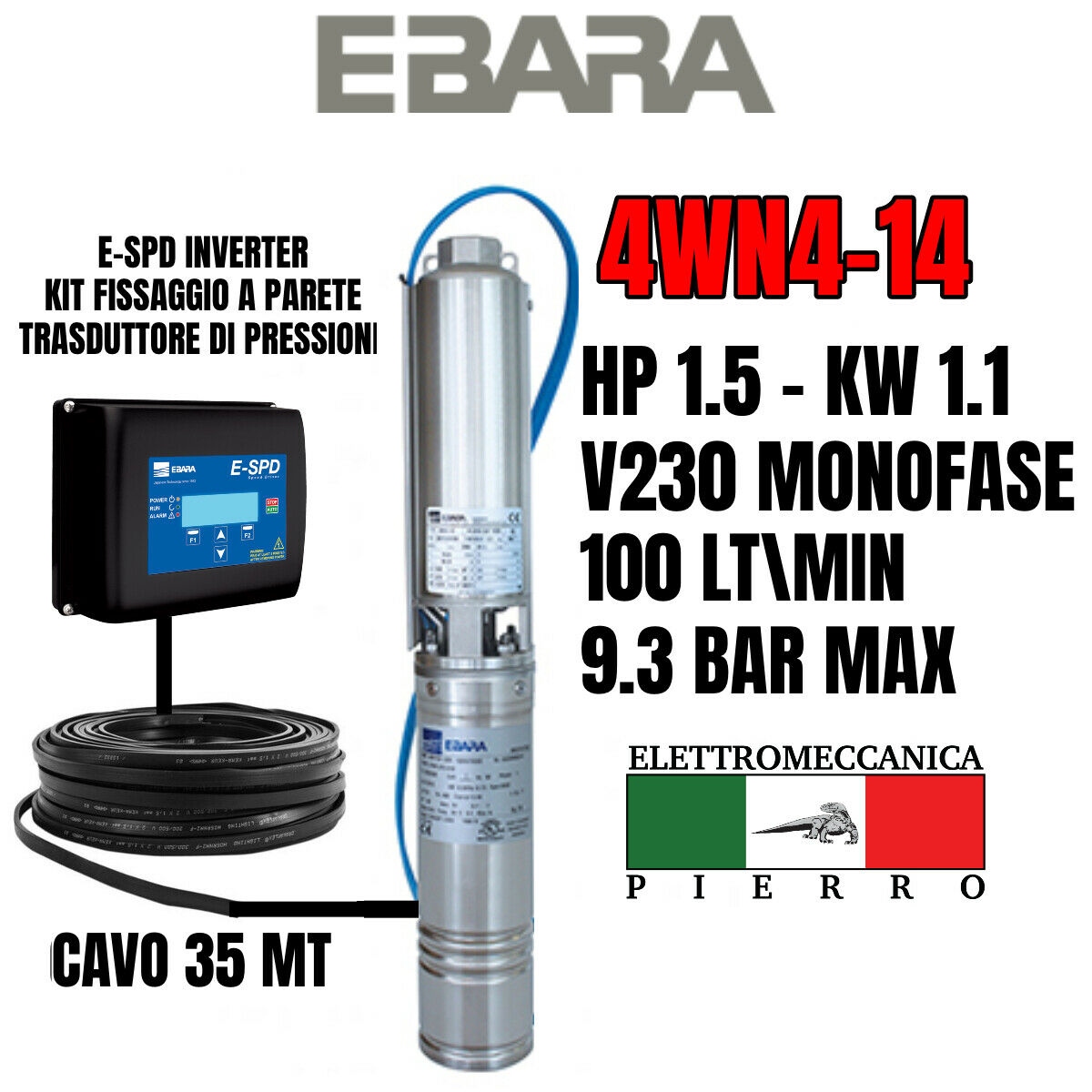 POMPA SOMMERSA EBARA 4WN4-14 HP1.5 100LT/MIN 9.3BAR MAX 4GS11 LOWARA COMPATIBILE - Foto 50 di 76