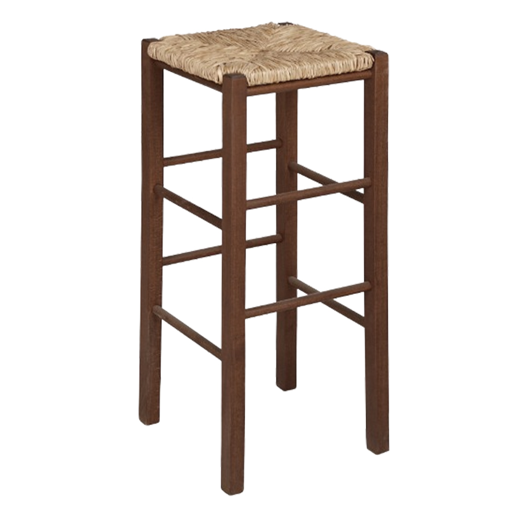 Sgabello h 70 cm in legno noce scuro con seduta quadrata in paglia gambe dritte