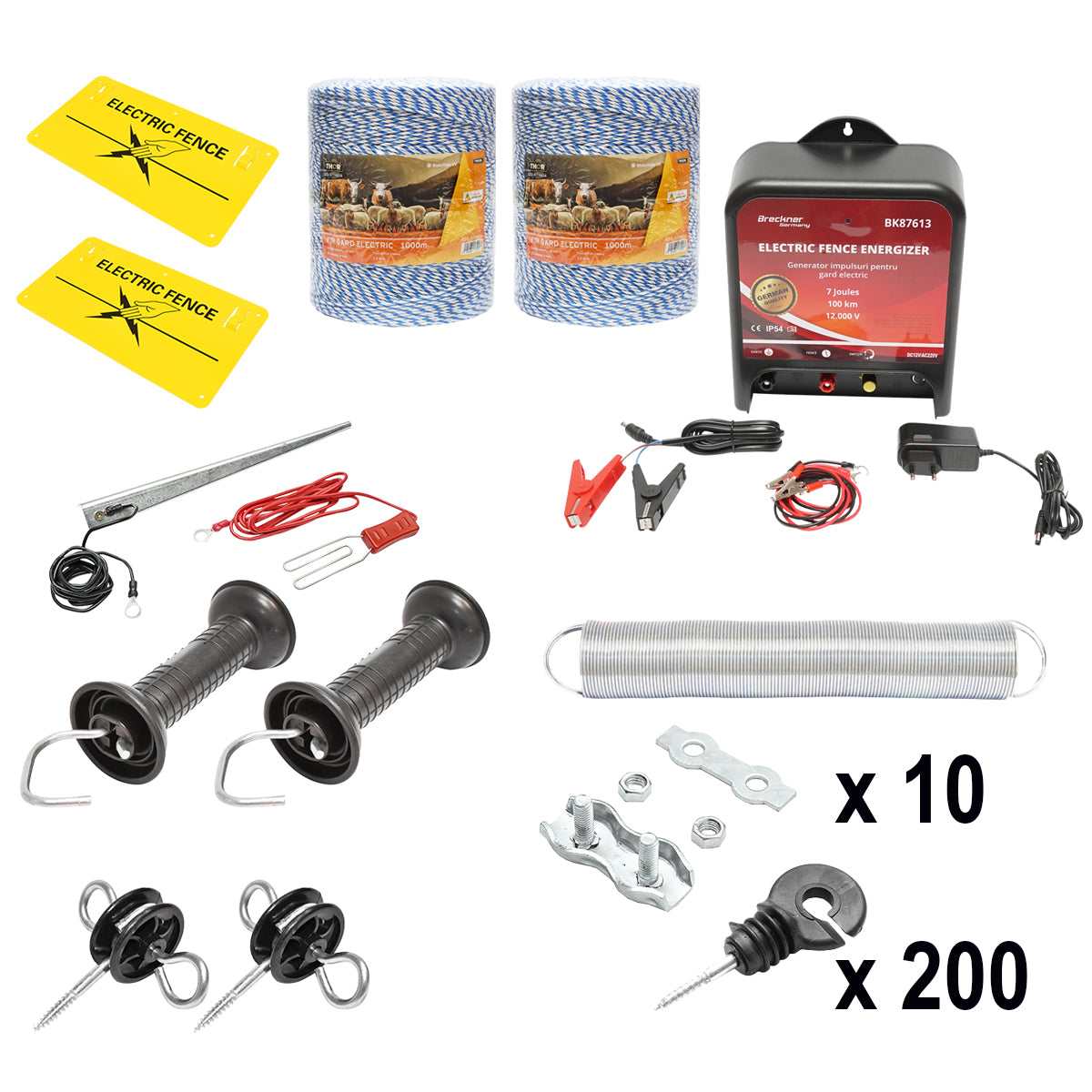 Kit completo per recinzione elettrica 12/220V, 14 Joule, lunghezza filo 2000m, 200 isolatori e targhe di segnalazione Breckner Germany