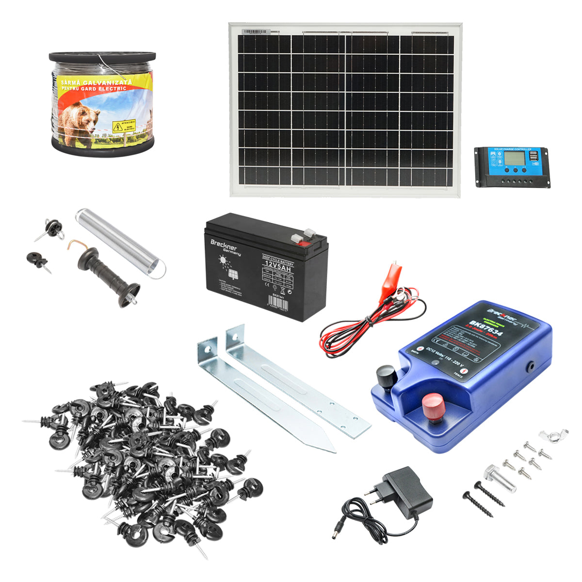 Kit completo per recinzione elettrica 12/220V, 3 Joule con pannello solare da 20W, lunghezza del cavo 1000m, 100 isolatori, kit cancello e batteria 12