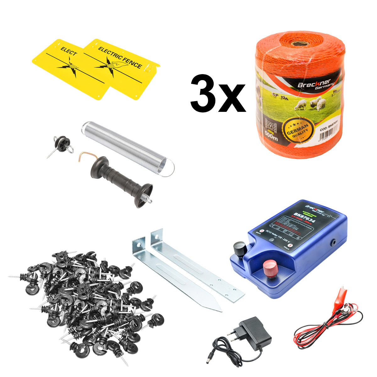 Kit completo per recinzione elettrica 12/220V, 3 Joule, lunghezza filo 1500m, 200 isolatori, 2 maniglie per cancelli e 2 cartelli di segnalazione Brec