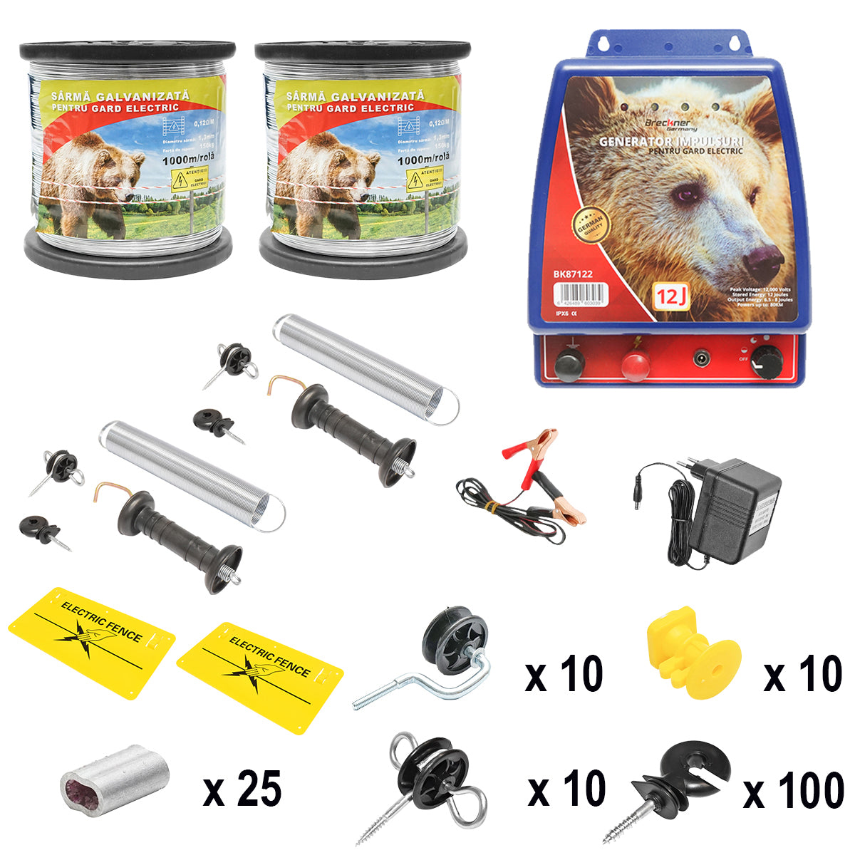 Kit completo per recinzione elettrica 12/220V, 9,4 Joule, lunghezza filo 2000m, 100 isolatori e targhe di segnalazione Britmann