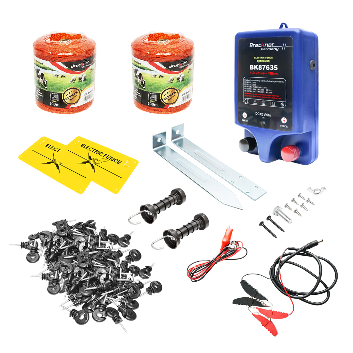 Kit completo per recinzione elettrica 12V, 1 Joule, lunghezza filo 1000m, 200 isolatori, 2 maniglie per cancelli e 2 cartelli di avvertimento Breckner