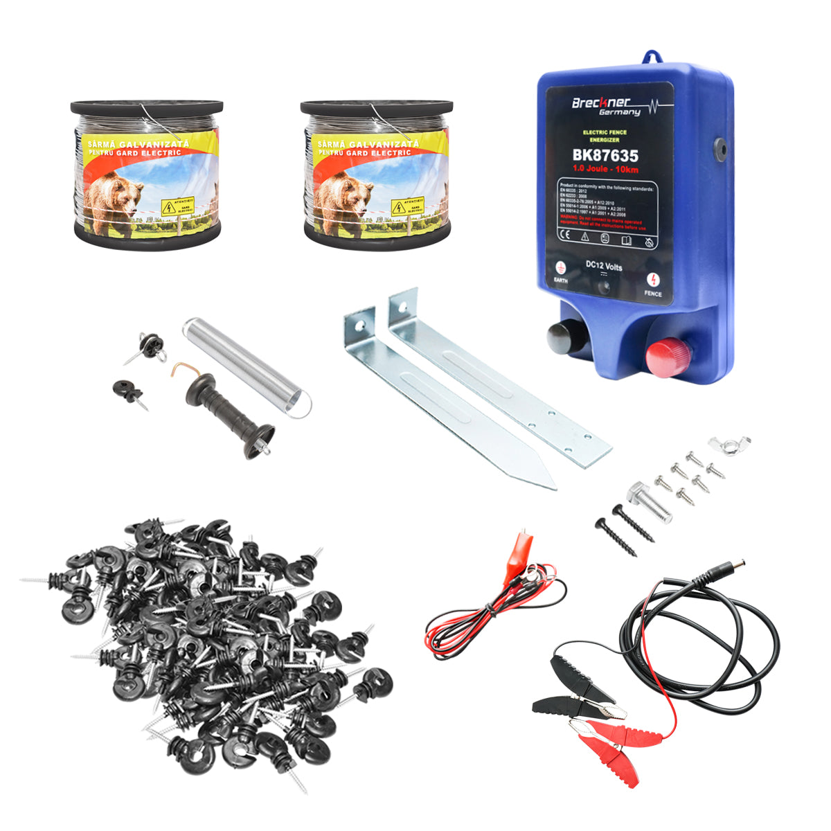 Kit completo per recinzione elettrica 12V, 2 Joule, lunghezza filo 1000m, 100 isolatori e kit cancello Breckner Germany