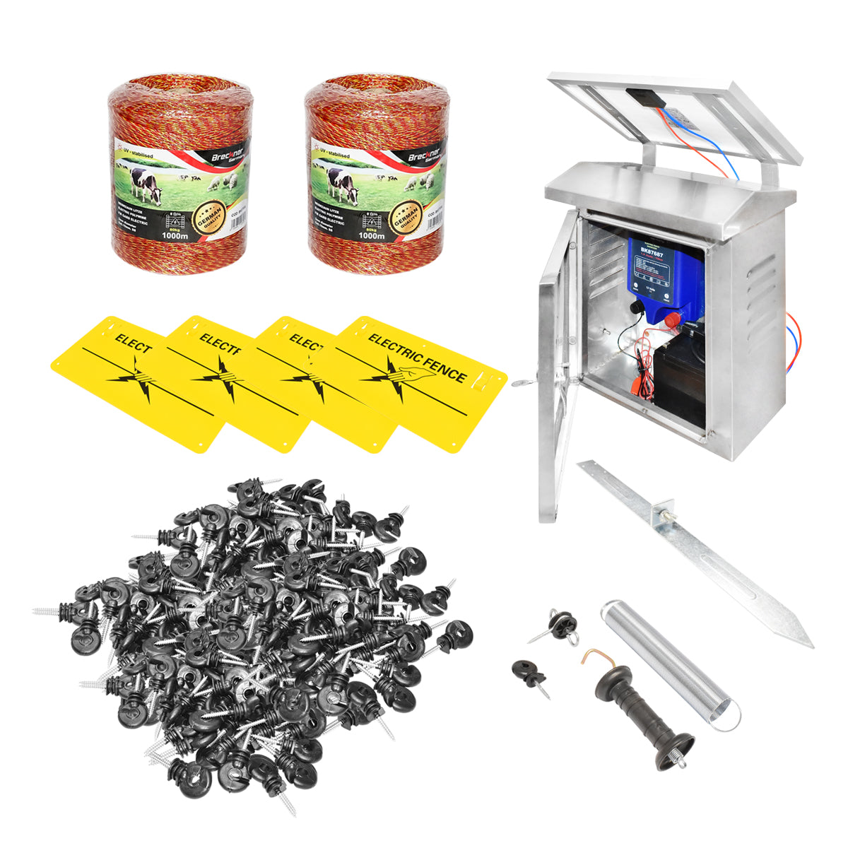 Kit completo per recinzione elettrica 12V, 2 Joule, pannello solare da 10W, lunghezza del cavo 2000m, 200 isolatori, kit cancello e targhe di avvertim