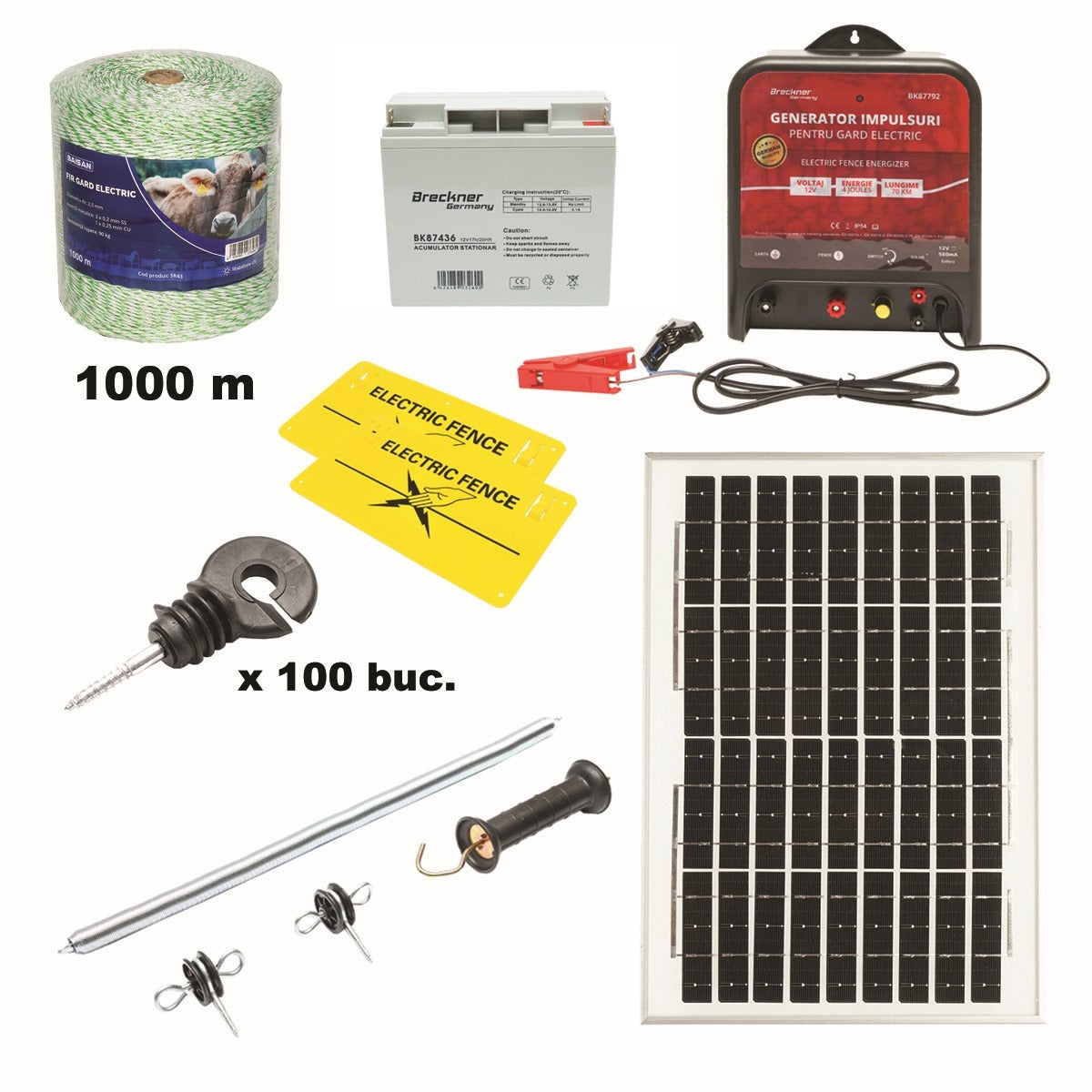 Kit completo per recinzione elettrica 12V, 4 Joule con pannello solare 20W, lunghezza filo 1000m, 100 isolatori, maniglia, cancello e 2 cartelli di se