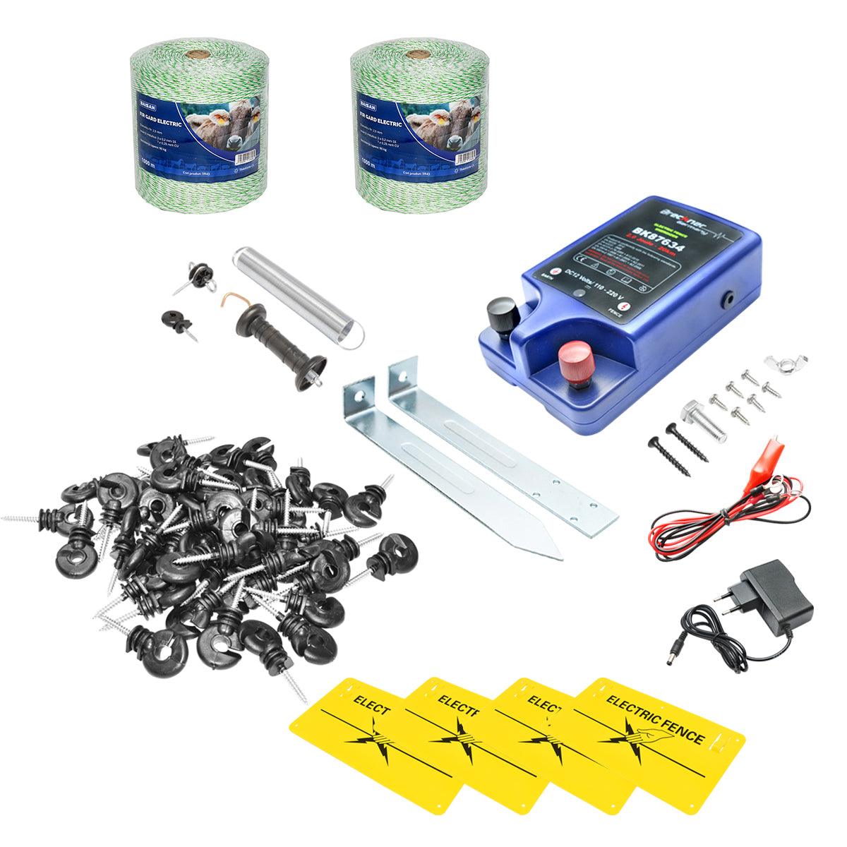 Kit Completo Recinto Elettrico Elettrificatore 12V/220V, 2 Joule 20 km, Filo 2000 MT, 100 isolatori, set maniglia, recinzioni elettriche Breckner Germ