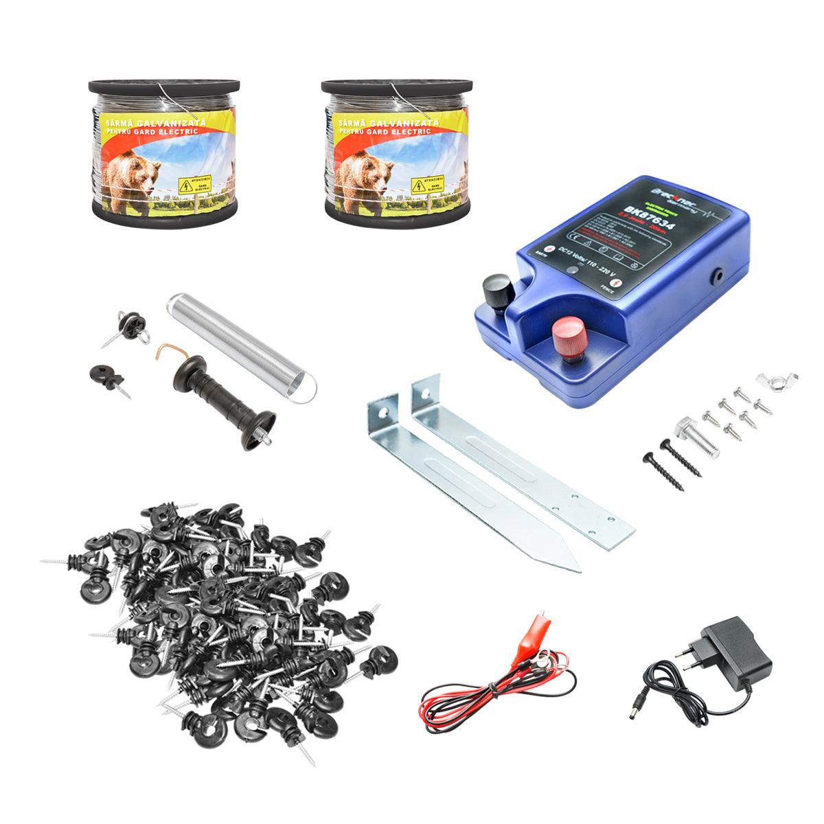 Kit Completo Recinto Elettrico Elettrificatore 12V/220V, 2 Joule 20km, Filo 1000 MT, 100 isolatori, set maniglia, recinzioni elettriche Breckner Germn