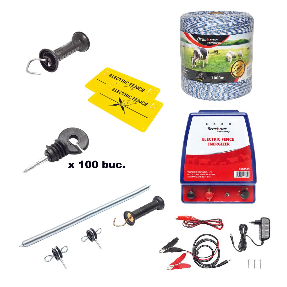 Kit Completo Recinto Elettrico Elettrificatore 12V/220V, 3,5 Joule , Filo 1000 MT, 100 isolatori, set maniglia con molla tensione, recinzioni elettric