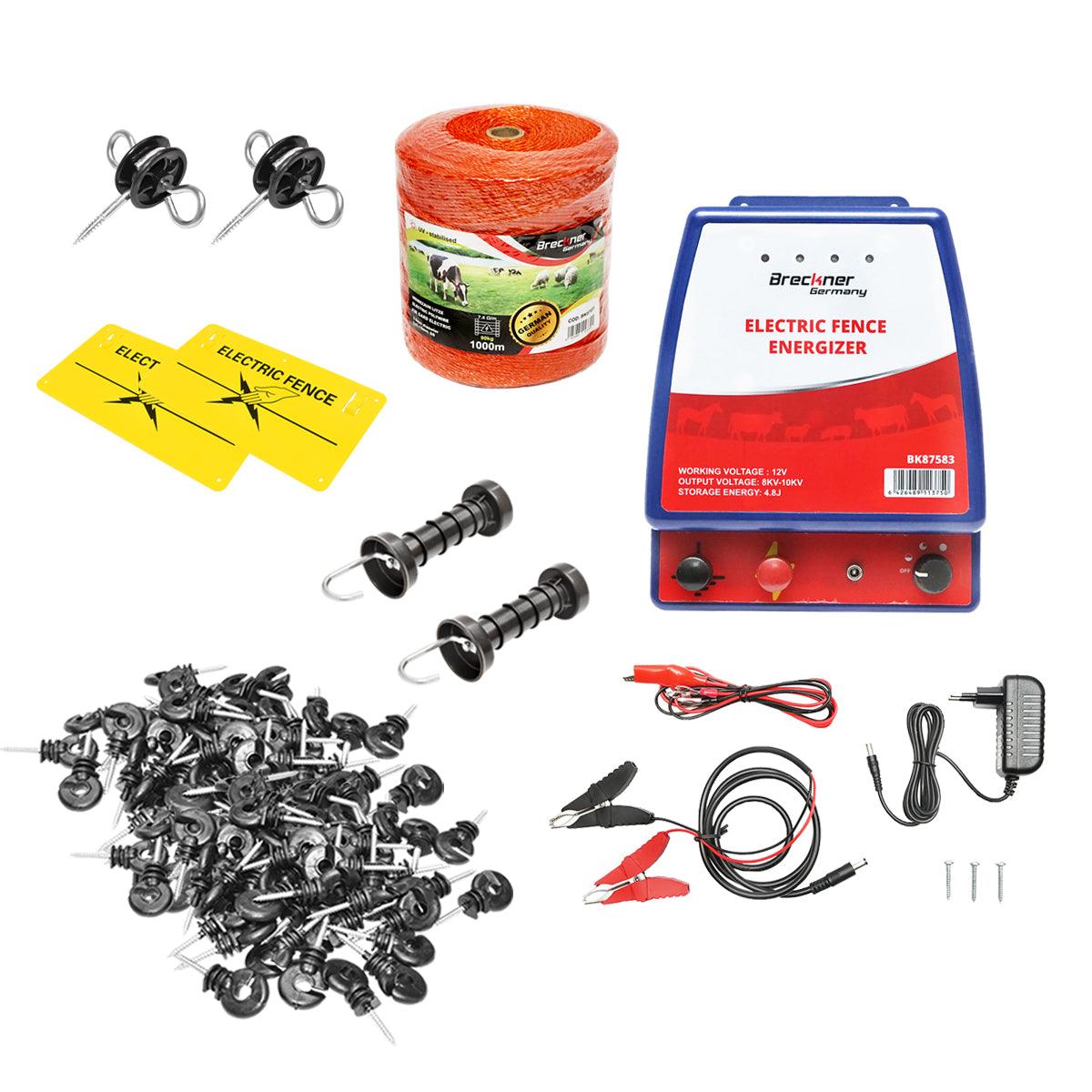 Kit Completo Recinto Elettrico Elettrificatore 12V/220V, 3,5 Joule , Filo 1000 MT, 100 isolatori, set maniglia, recinzioni elettriche Breckner Germnan