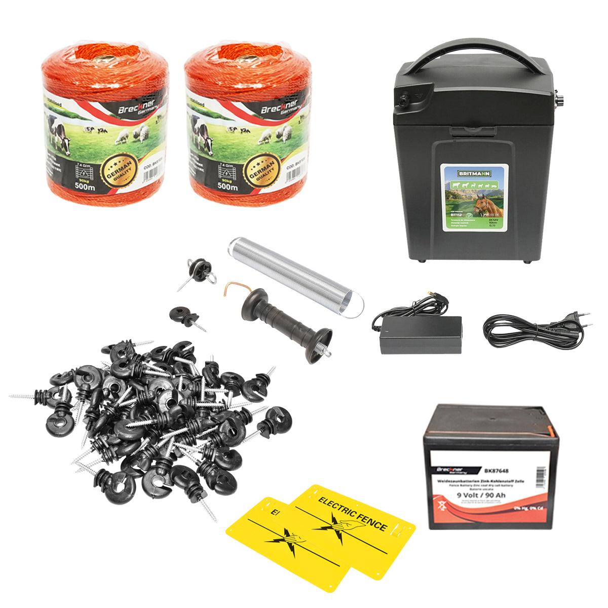 Kit Completo Recinto Elettrico Elettrificatore 9/12V, 0,7 Joule, Filo 1000 MT, 100 isolatori, 2 maniglie porta e molla tensione, batteria a secco 9V/9