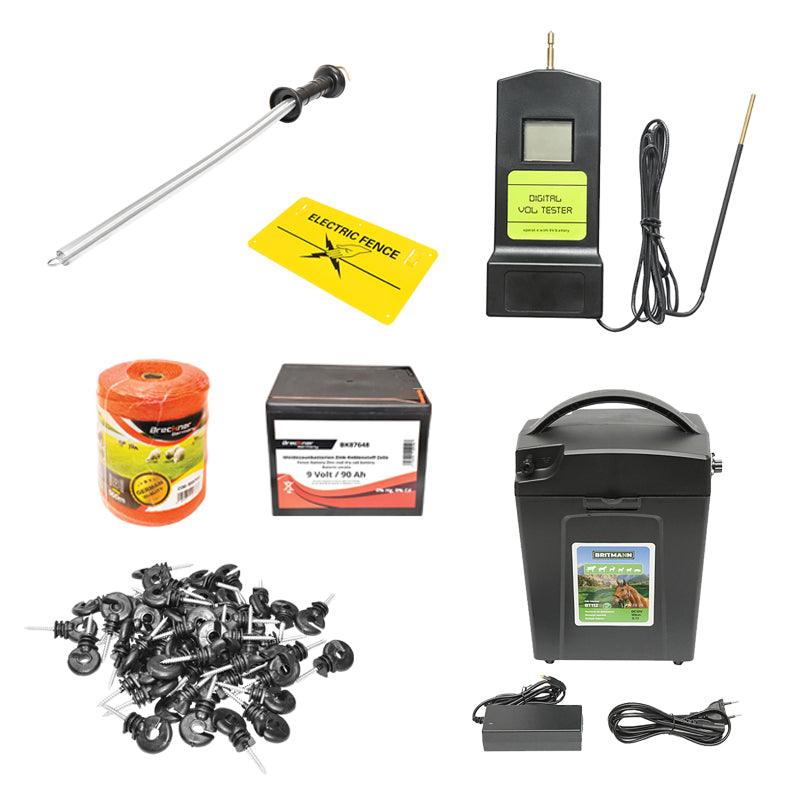 Kit Completo Recinto Elettrico Elettrificatore 9/12V, 0,7 Joule, Filo 500 MT, 100 isolatori, maniglie porta e molla tensione, batteria a secco 9V/90Ah