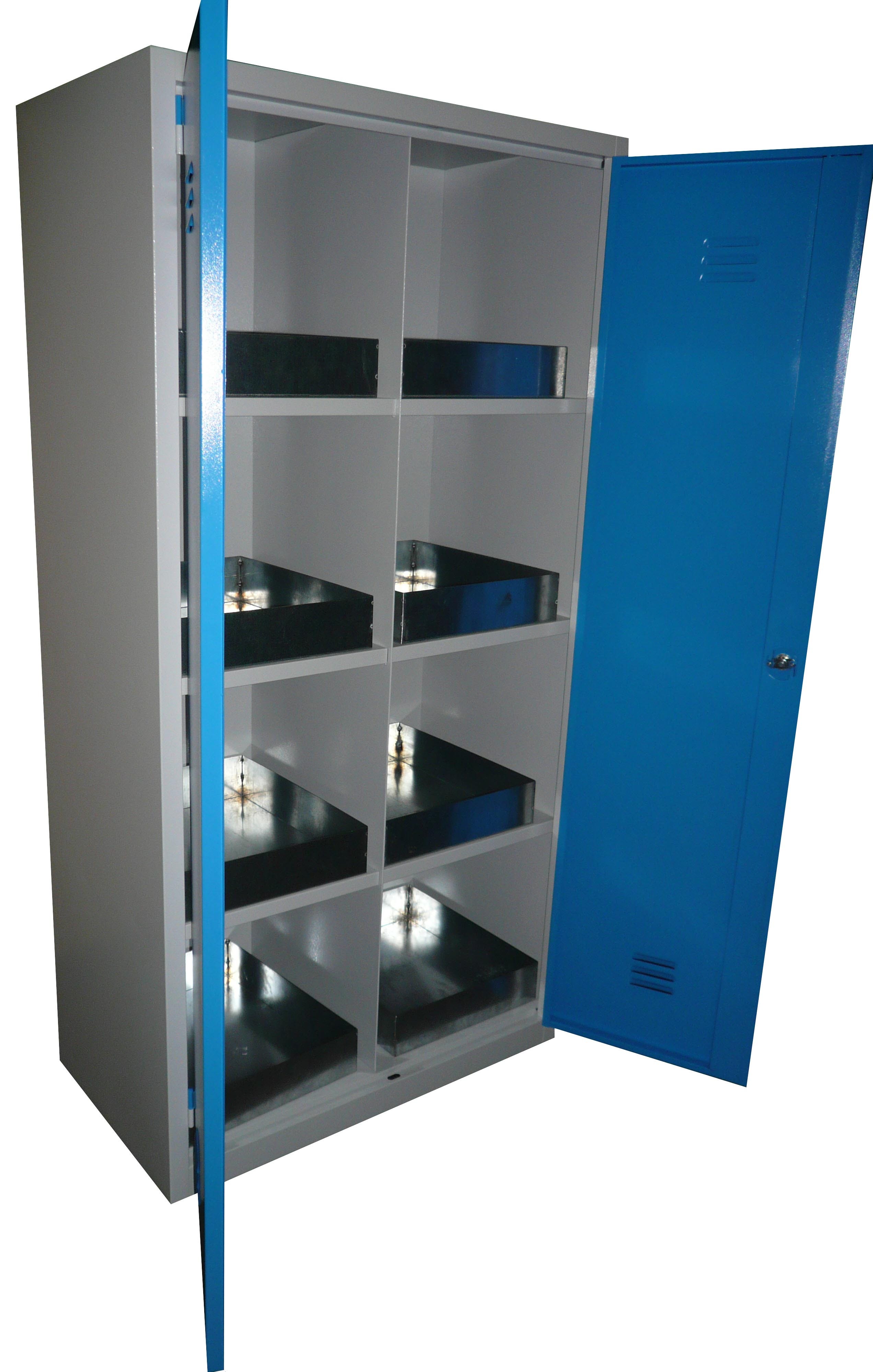 Armadio verniciato in lamiera sp. 10/10 monoblocco con ripiani e vaschette zincate per officina cm. 100x55x195h