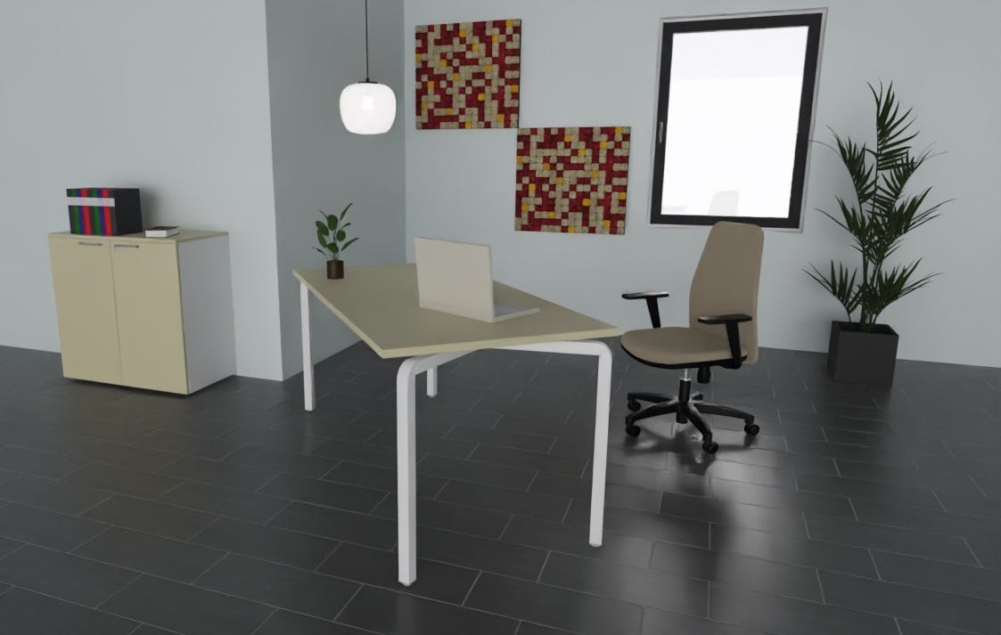 Arredo ufficio operativo moderno con scrivania con gambe metalliche, mobile con 2 ante e seduta con braccioli regolabili