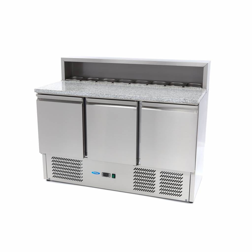 Banco Pizza Refrigerato - 137cm - 3 Porte - adatto a 8 x 1/6 GN - incl. Coperchio in Acciaio Inox