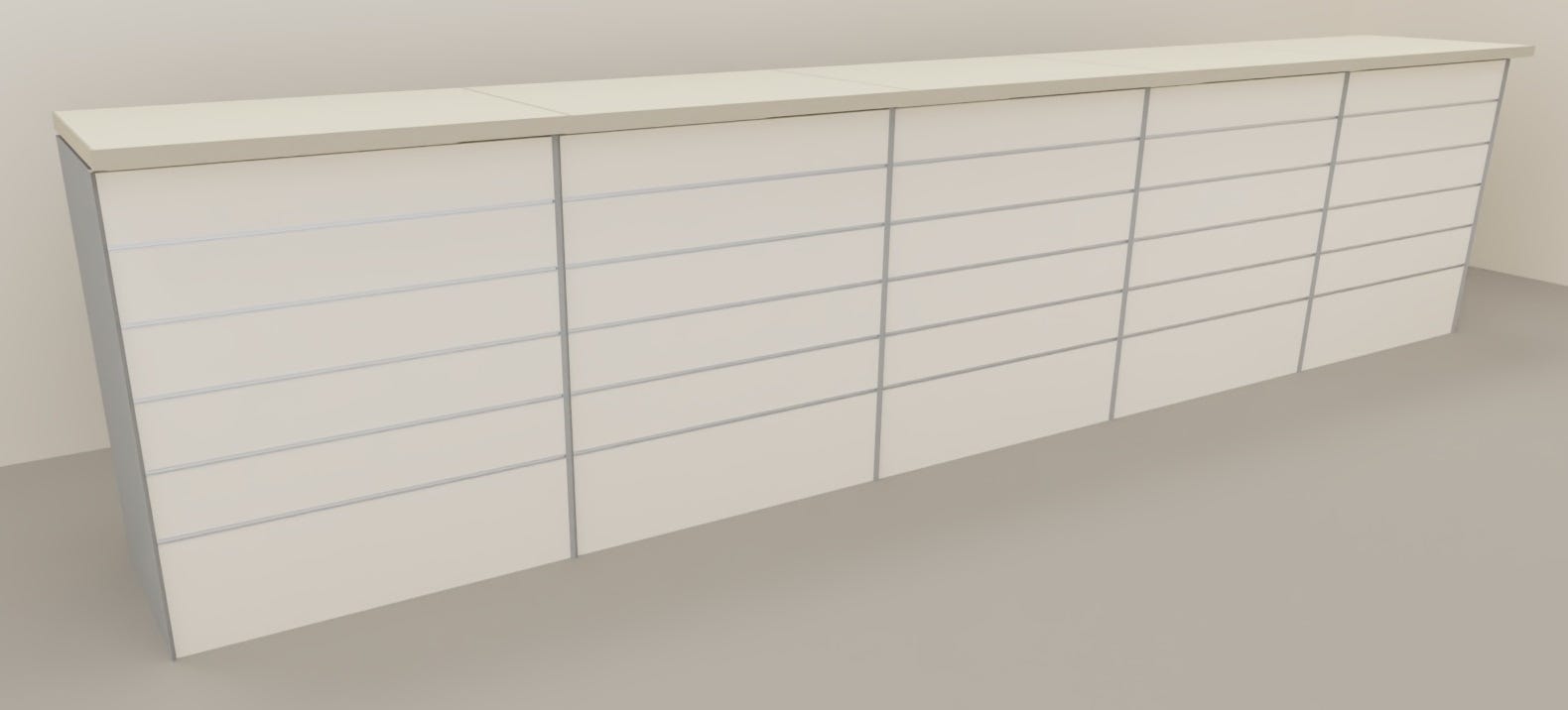 Banco vendita da esposizione con pannello dogato verniciato cm. 460x64x106h