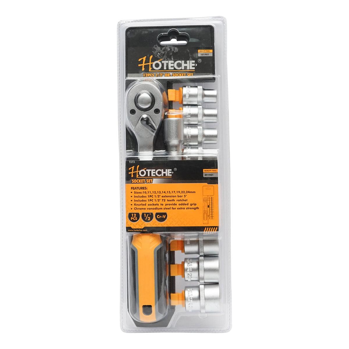 Image of Set di chiavi a bussola con cricchetto da 1/2" Cr-V, bussole 10 pezzi, cricchetto, prolunga, Hoteche