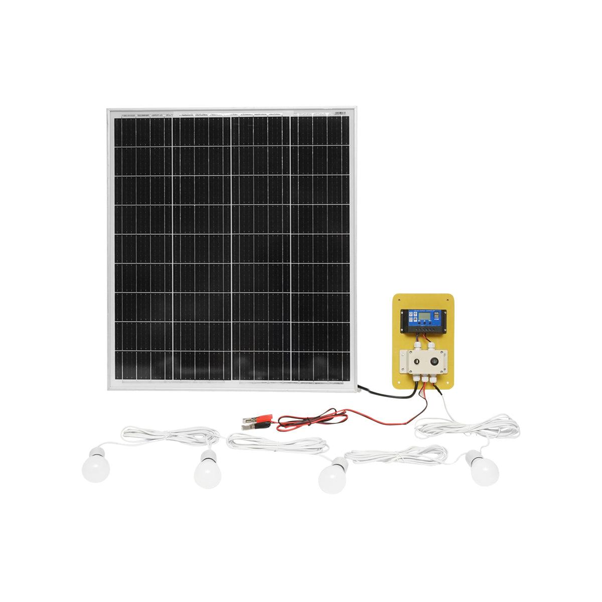 Set pannello solare 75W fotovoltaico monocristallino 790x690x75mm 12-24V 4 lampadine LED 9W B