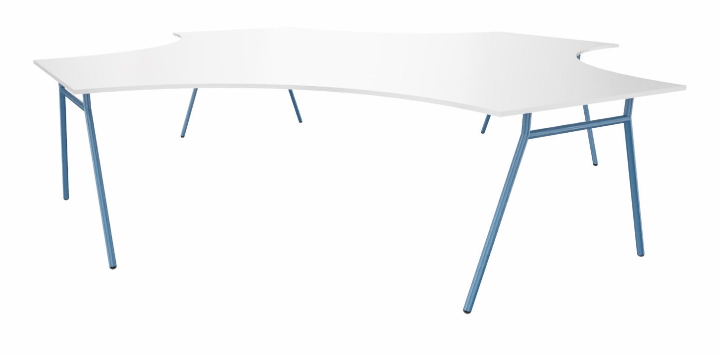 Bench per ufficio operativo con piani sagomati a 4 posti, con top in melaminico e struttura metallica cm. 360x364x75h