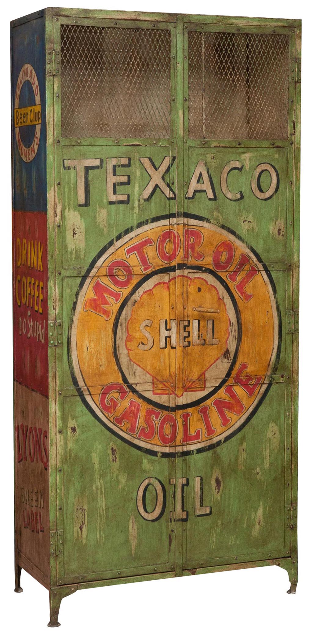 Biscottini Armadietto da officina texaco oil in ferro dipinto a mano stile vintage