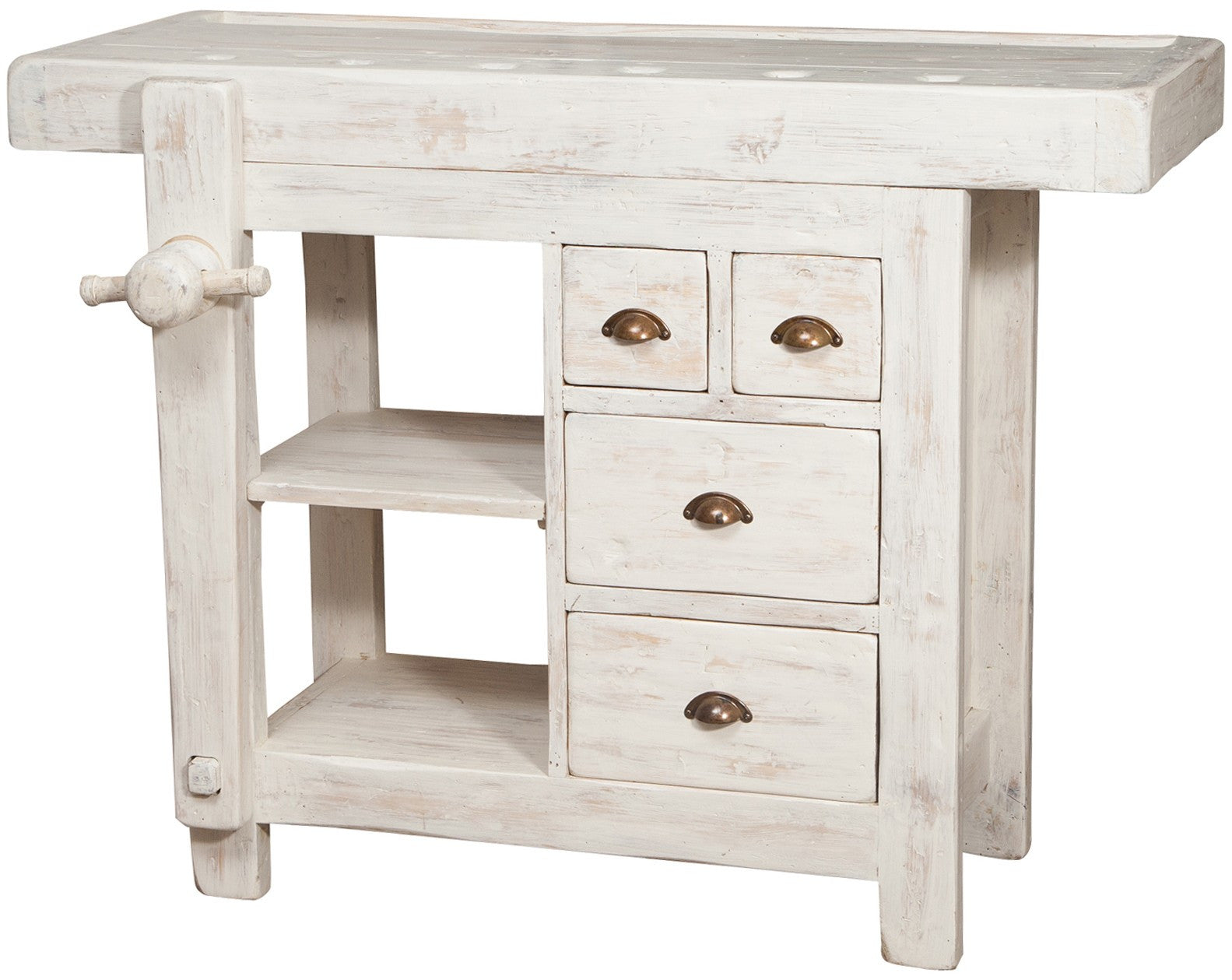 Biscottini Banco da lavoro Country in legno massello di tiglio finitura bianca anticata L116xPR63xH90 cm. Made in Italy