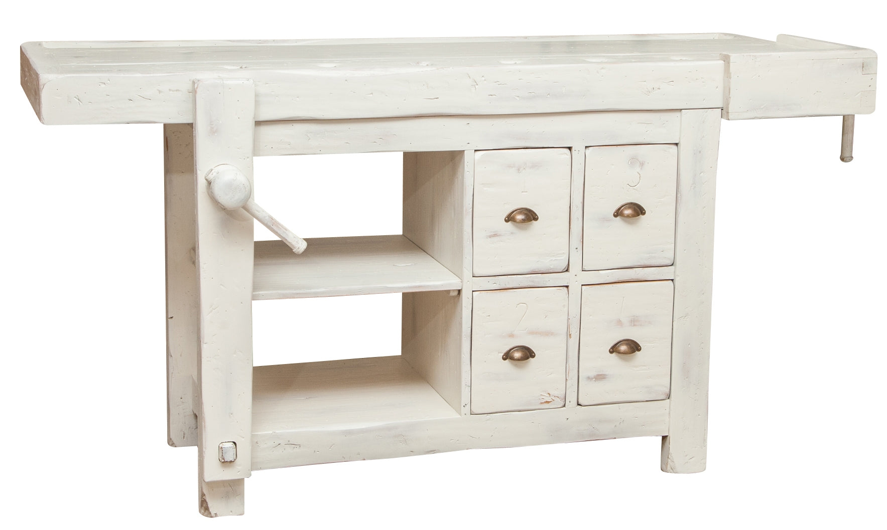 Biscottini Banco da lavoro Country in legno massello di tiglio finitura bianca anticata L184xPR74xH92 cm. Made in Italy