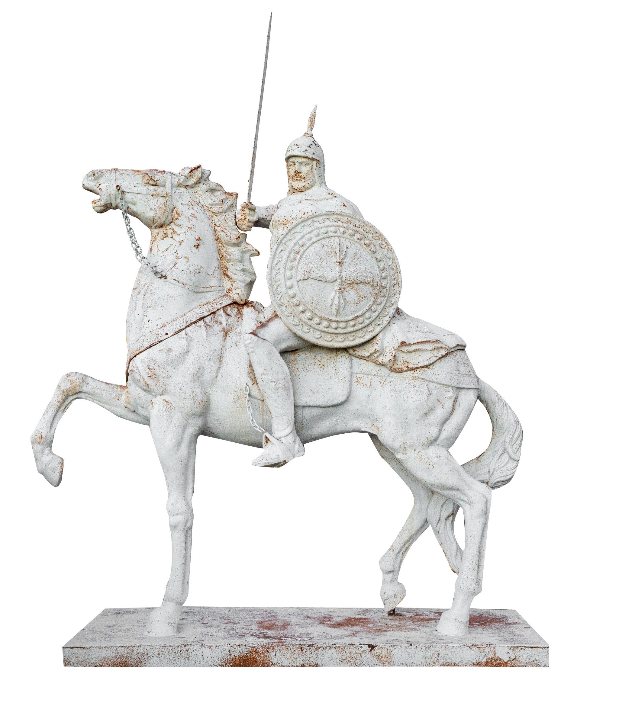 Biscottini Guerriero a cavallo in fusione di ghisa finitura bianca anticata Statua