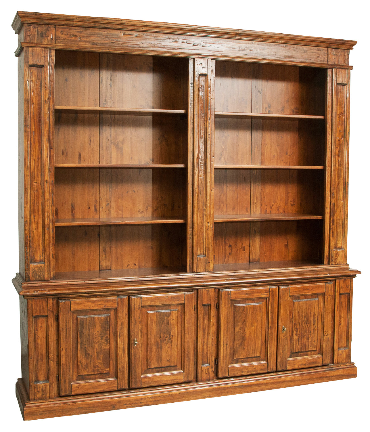 Biscottini Libreria Country in legno massello di tiglio finitura noce L230xPR47xH235 cm. Made in Italy