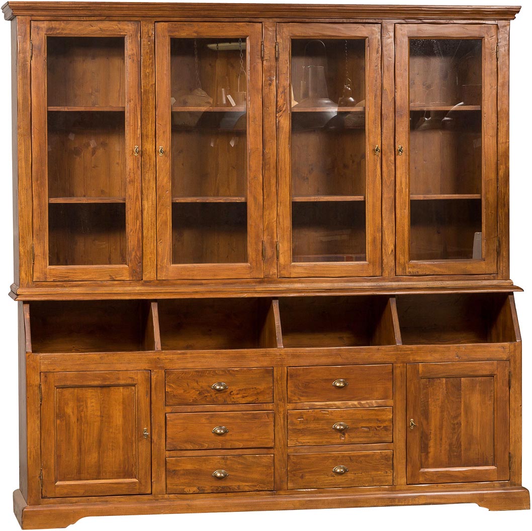 Biscottini Libreria Country in legno massello di tiglio finitura noce L230xPR50xH226 cm. Made in Italy