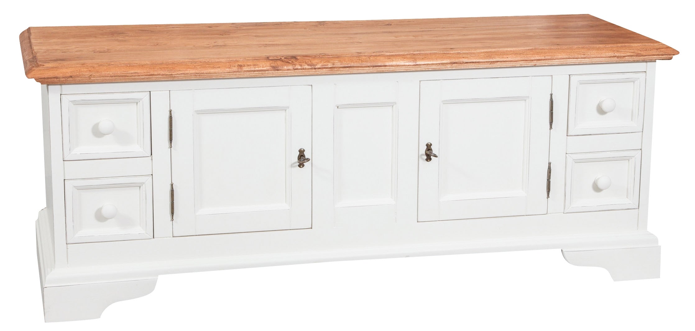 Biscottini Mobile porta tv Country in legno massello di tiglio struttura bianca anticata piano finitura naturale Made in Italy