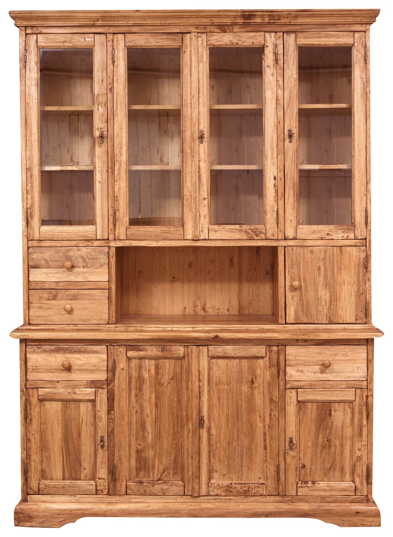 Biscottini Vetrina Country in legno massello di tiglio finitura naturale L156xPR50xH200 cm. Made in Italy