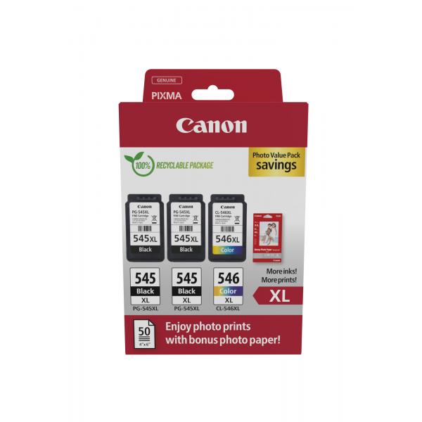 Canon PG-545 XL/CL-546XL Photo Value Pack - Confezione da 3 - Nero, Colore (ciano, magenta, giallo)