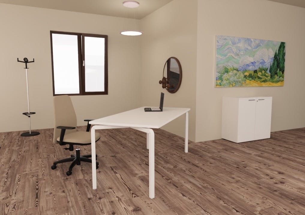 Composizione arredi operativi con scrivania moderna con struttura metallica, mobile con 2 ante battenti e poltroncina girevole