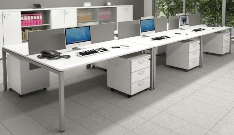 Composizione lineare scrivanie in melaminico con cassettiere da ufficio cm. 360x164x72,5h