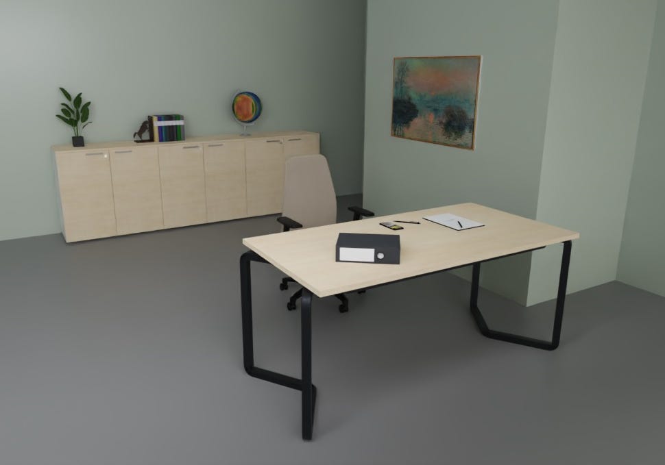 Composizione operativa compresa di scrivania moderna con struttura metallica, sedia girevole ergonomica e mobile per archivio documenti