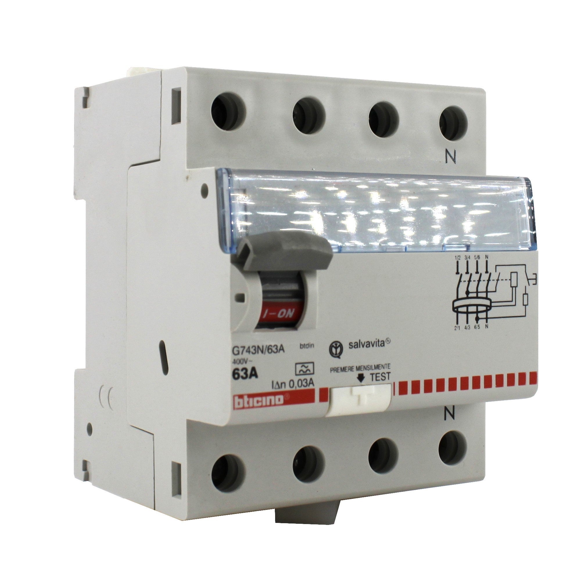 Differenziale puro classe A 0,03A 4 moduli 63A Bticino