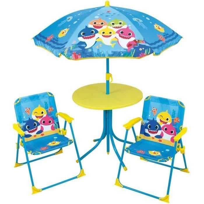 Image of FUN HOUSE Baby Shark Mobili da giardino - 1 tavolo H.46x46 cm, 2 sedie H.53xL.38.5xP.37.5 cm e 1 ombrellone H.125 x 100 cm