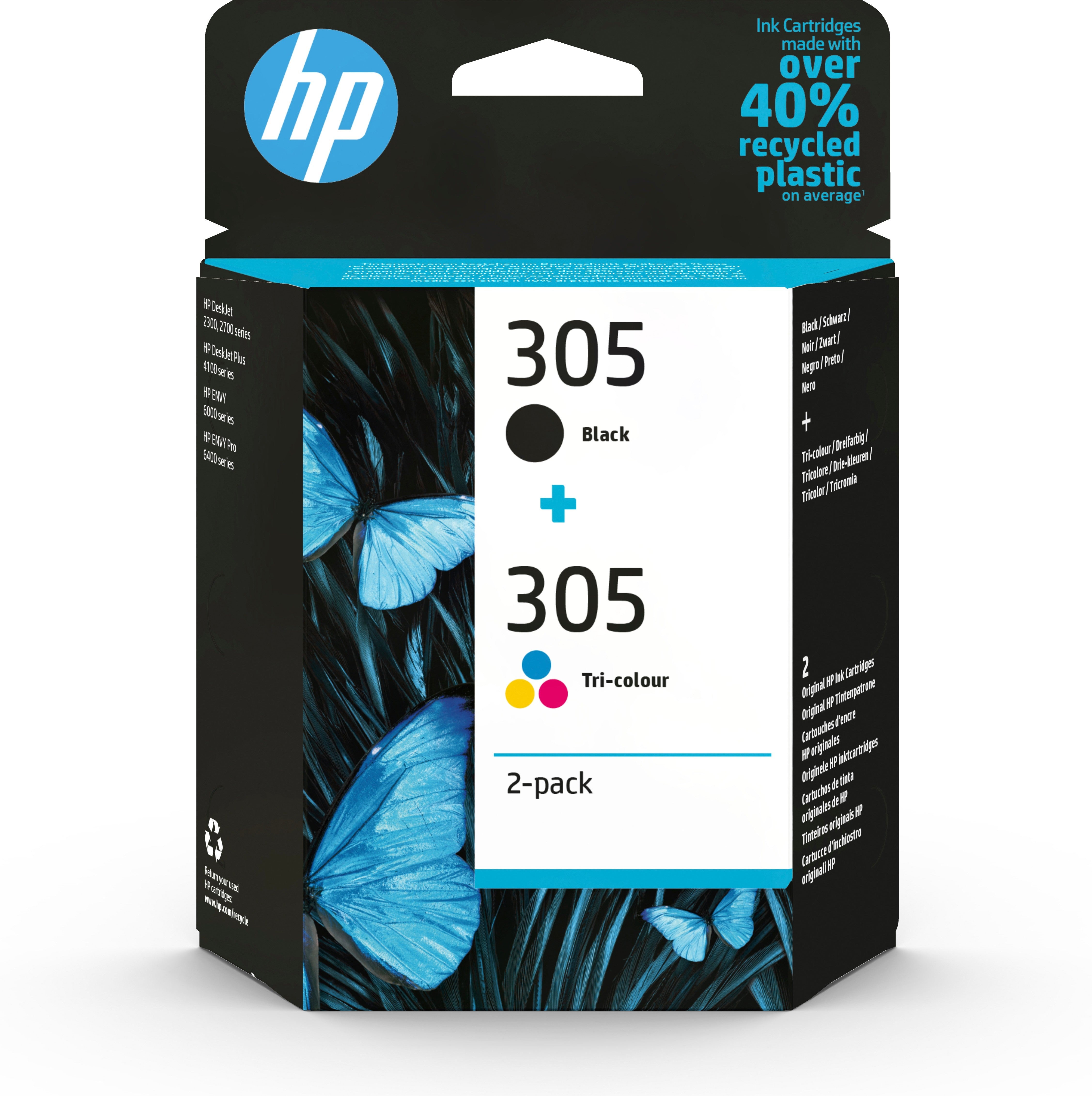Image of HP 305 2-Pack Tri-color/nero Original Ink Cartridge cartuccia Inkjet 2 pz Originale Resa standard Nero, Ciano, Magenta,