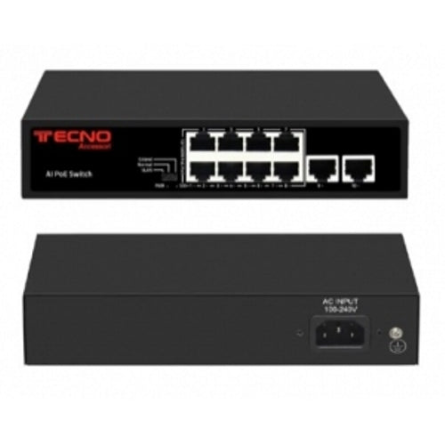 Hub switch tecno tc-p8eh2eh - 8 porte poe+ - 10/100 +2 uplink - vlan