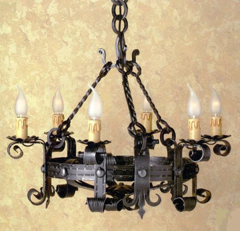 Image of LAMPADARIO FORGIA 6 LUCI FERRO BATTUTO LAMPADE LAMPIONE APPLIQUE LANTERNA