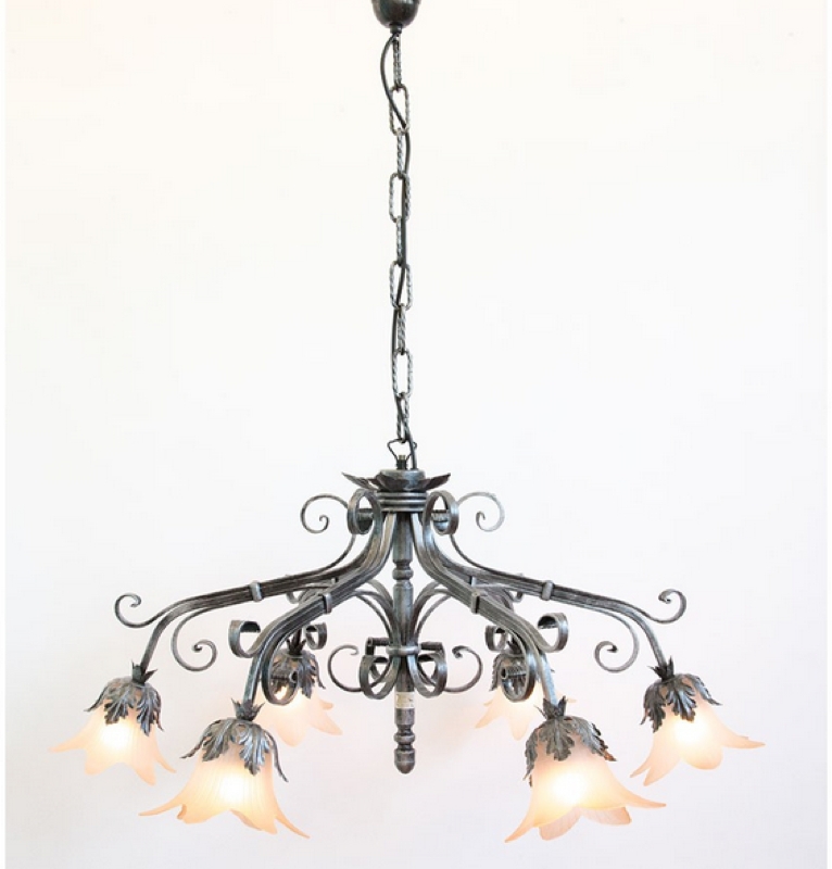 Image of LAMPADARIO PARIS 6 LUCI IN FERRO BATTUTO CRUCCOLINI LANTERNE LAMPADE NERO