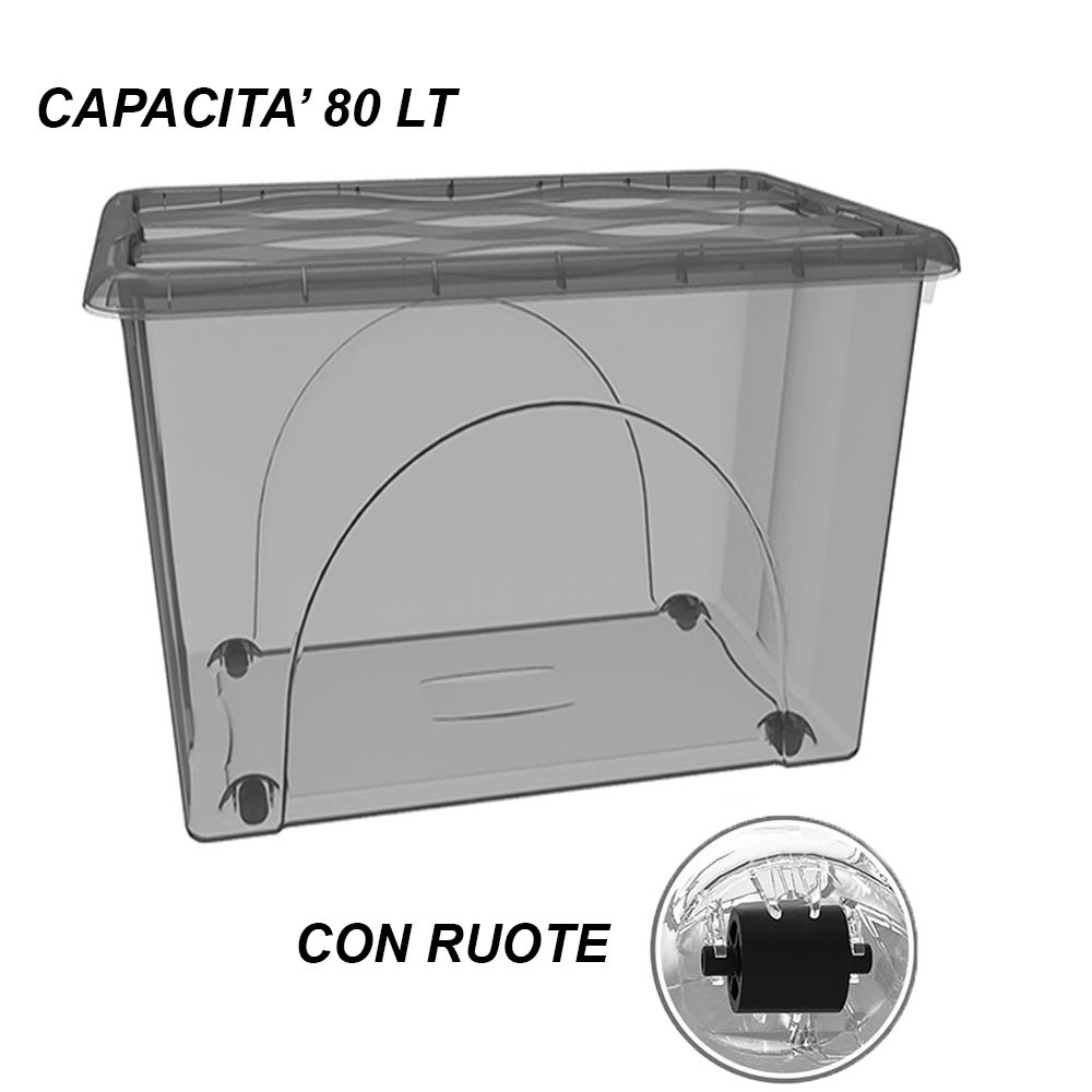 2 bauli STORAGE 80LT Scatole cassa Multiuso Grande cm 60x40x45 Box Portaoggetti Contenitore Organizer Salvaspazio con Coperchio fume 4 Ruote Sovrapponibile organizzazione cesta indumenti Casa Bagno