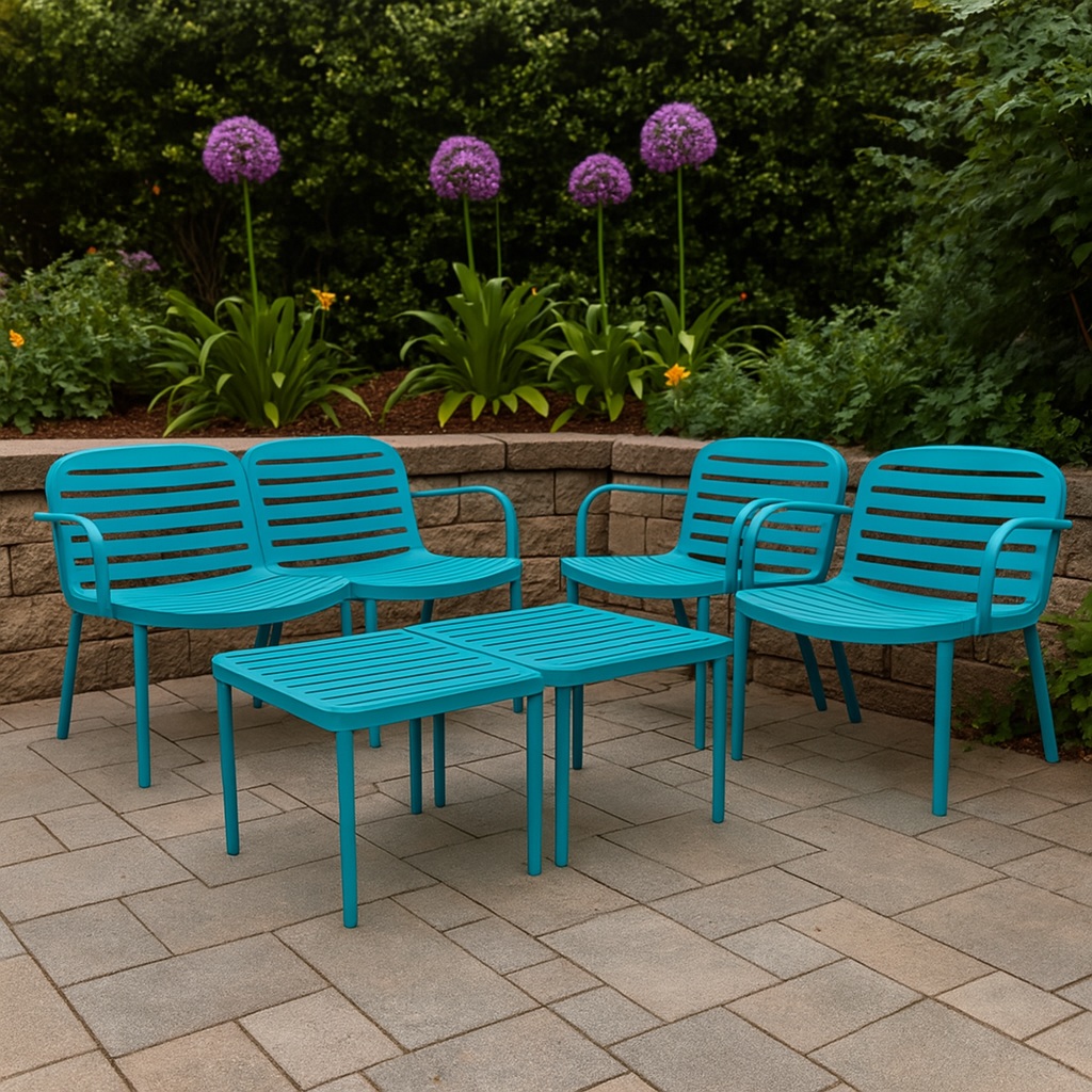 SET SALOTTO EROS IN RESINA BLU CON DIVANO 2 POSTI, 2 POLTRONE E 2 TAVOLI BASSI