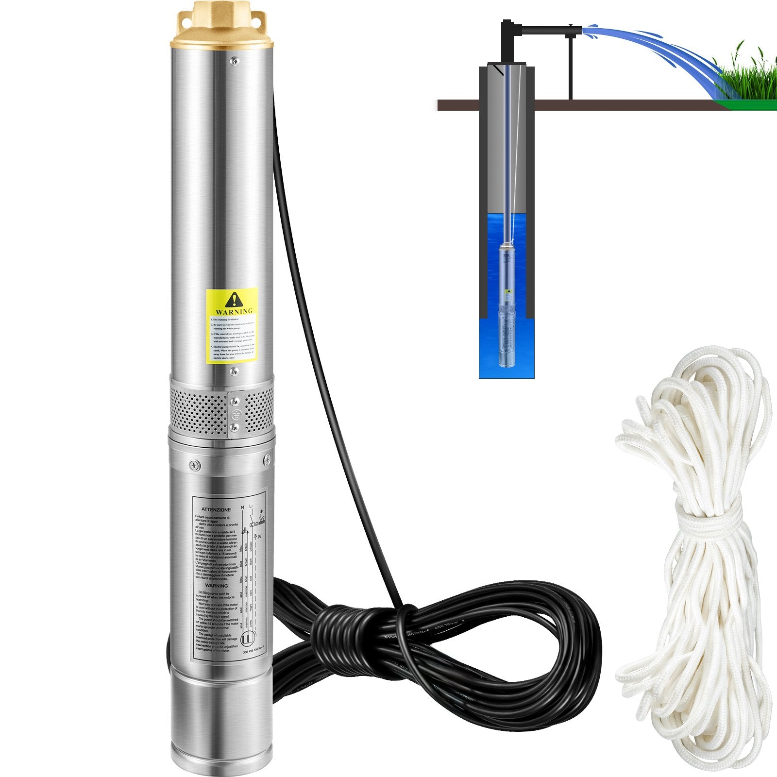 Image of Pompa d'Acqua Sommergibile 750W Flusso 105L/min per Piscina Giardino Orto in Acciaio Inox, Pompa Sommersa per Pozzi Profondi 230V Prevalenza Max. 62m, Pompa Sommersa per Pozzo Piscina con Cavi