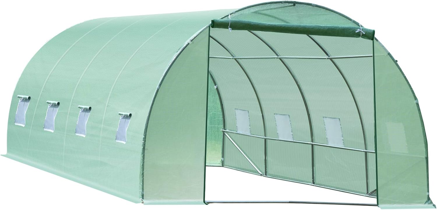 Image of Serra per Piante a Tunnel, Serra per Orto da Esterno con Porta Avvolgibile e 8 Finestre, 6x3x2 m, in Acciaio e PE, Verde